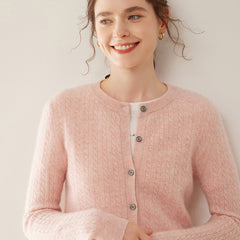 Women’s Cable Knit 100% Cashmere Cardigan Lightweight Crewneck Button Sweater