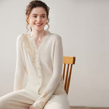 Women’s 100% Cashmere Lace Cardigan Elegant V Neck Knit Cardigan