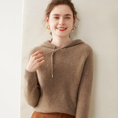 Women’s 100% Cashmere Knit Hoodie Lightweight Drawstring Pullover Sweater