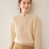 Women’s 100% Cashmere Button Neck Sweater Soft Henley Neck Knit Pullover