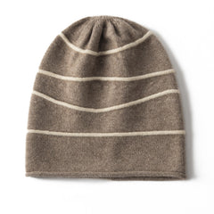 Luxury 100% Cashmere Beanie Women's Striped Knit Beanie Hat