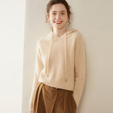 Women’s 100% Cashmere Knit Hoodie Lightweight Drawstring Pullover Sweater