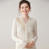 Women’s 100% Cashmere Lace Cardigan Elegant V Neck Knit Cardigan