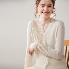Women’s 100% Cashmere Lace Cardigan Elegant V Neck Knit Cardigan