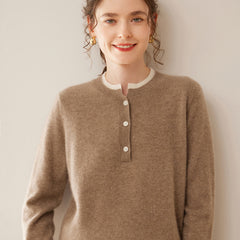 Women’s 100% Cashmere Button Neck Sweater Soft Henley Neck Knit Pullover