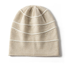 Luxury 100% Cashmere Beanie Women's Striped Knit Beanie Hat