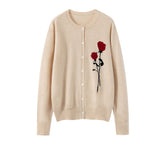 100% Cashmere Rose Embroidered Round Neck Button Sweater Cardigan