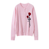 100% Cashmere Rose Embroidered Round Neck Button Sweater Cardigan