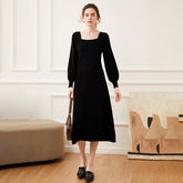 Women’s Cashmere Square Neck Puff Sleeve Knit Sweater Dress