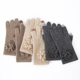 100% Cashmere Flower Embellished Touchscreen Gloves Knit Winter Gloves
