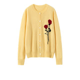100% Cashmere Rose Embroidered Round Neck Button Sweater Cardigan