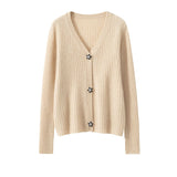 Women's Cashmere Wool Ribbed V-Neck Cardigan with Jeweled Buttons