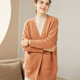 V-Neck Button-Front Sweater with Pockets 100% Cashmere Long Cardigan