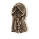 100% Cashmere Ribbed Hood Scarf Knit Hooded Neck Warmer with Adjustable Drawstring