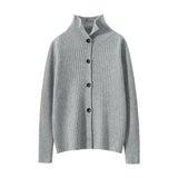 Women’s Cashmere Mock Neck Ribbed Button-Up Knit Sweater Cardigan