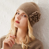 100% Cashmere Hand-Crocheted Floral Beanie Knit Winter Hat