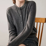 Women’s Cashmere Crystal Embellished Crew Neck Sweater Cardigan