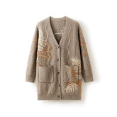 100% Cashmere Embroidered Long V-Neck Cable Knit Sweater Cardigan