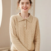 Women’s Cashmere Wool Polo Collar Cable Knit Pullover Sweater