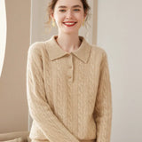 Women’s Cashmere Wool Polo Collar Cable Knit Pullover Sweater