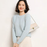 Women’s 100% Cashmere Crew Neck Grid Knit Sweater