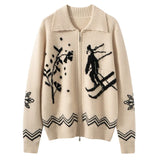 Women’s 100% Cashmere Jacquard Zip Cardigan Sweater with Wide Collar