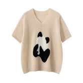 Women’s 100% Cashmere Panda V-Neck Short Sleeve Sweater