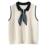 100% Cashmere Polo Sweater Vest Contrast Collar Sleeveless Knit Top