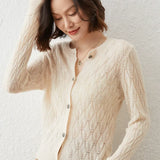 Women’s Cashmere Wool Pointelle Lightweight Crew Neck Knit Sweater Cardigan