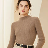 Women's Cashmere Wool Ribbed Knit Pullover Mock Neck Sweater