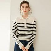 Women’s Cashmere Wool Striped Classic Polo Knit Sweater