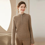 Women’s Cashmere Wool Cable Knit Half Zip Relaxed Knit Pullover Sweater