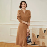 Women's Cashmere Wool Blend V Neck Sweater Dress Midi Knit Dress