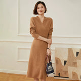 Women's Cashmere Wool Blend V Neck Sweater Dress Midi Knit Dress