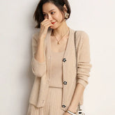 Women's Cashmere Wool Ribbed V-Neck Cardigan with Jeweled Buttons