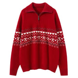 Women’s 100% Cashmere Fair Isle Half-Zip Jacquard Collar Sweater