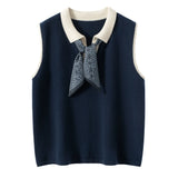 100% Cashmere Polo Sweater Vest Contrast Collar Sleeveless Knit Top