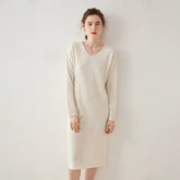 Women's Cashmere Wool Blend V Neck Knit Sweater Loose Fit Midi Dress