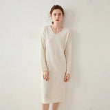 Women's Cashmere Wool Blend V Neck Knit Sweater Loose Fit Midi Dress