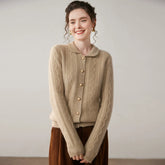 Women’s Cashmere Wool Cable Knit Collared Cardigan with Pearl Buttons
