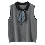 100% Cashmere Polo Sweater Vest Contrast Collar Sleeveless Knit Top