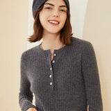 Women’s 100% Cashmere Ribbed Henley Slim Fit Crew Neck Pullover Sweater