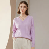 Women's 100% Cashmere V-Neck Cable Knit Loose Sweater