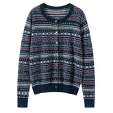 100% Cashmere Fair Isle Nordic Pattern Crew Neck Sweater Cardigan