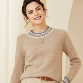 Women's Cashmere Wool Blend Contrast Trim Crewneck Sweater
