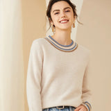 Women's Cashmere Wool Blend Contrast Trim Crewneck Sweater