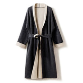 Women’s 100% Cashmere Belted Midi Coat Colorblock Wrap Coat