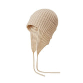 100% Cashmere Earflap Hat Knit Winter Beanie with Tie Strings for Women Men