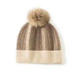 Women's Cashmere Pom Pom Ribbed Knit Beanie Hat with Faux Fur Pom
