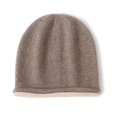 100% Cashmere Contrast Rolled-Edge Beanie Hat Knit Winter Cap
